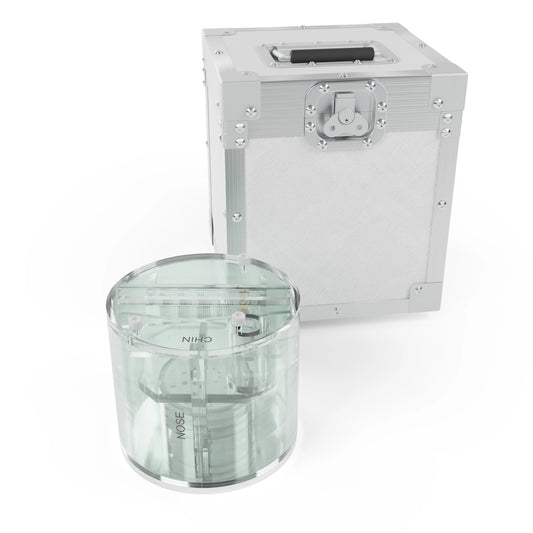 Plastic transparent semi-green cylinder with a white strong case with aluminum reinforcement.